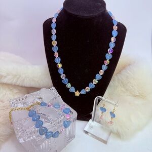 Artisan Aquamarine and Pink AB Faceted Heart Jewelry Set